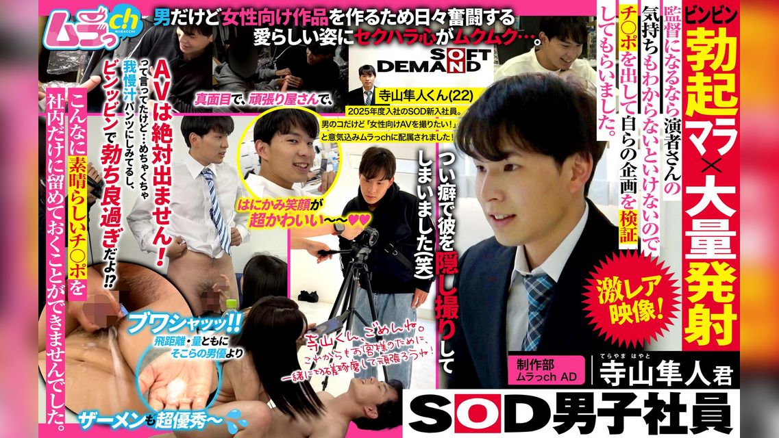 SOD男子社員　制作部　ムラっch AD 寺山隼人君　ビンビン勃起マラ×大量発射　監督になるなら演者さんの気持ちもわからないといけないのでチ〇ポを出して自らの企画を検証してもらいました。