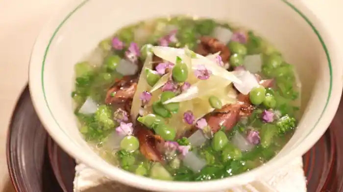 「ホタルイカと春野菜の茶碗蒸し」